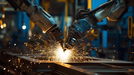 Sticker - Robotic arms performing welding operations in a manufacturing facility during the daytime