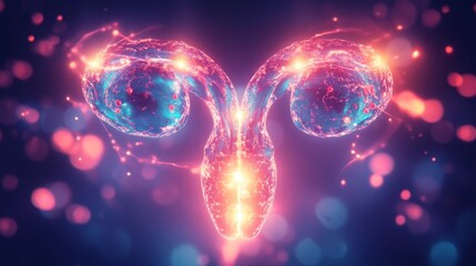 Poster - An image of the female reproductive system, stylized as a glowing, transparent object with a vibrant, abstract background of pink and blue bokeh.