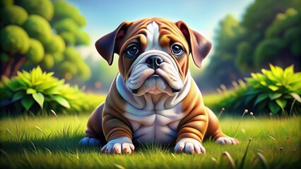 Wall Mural - Adorable English Bulldog Puppy Sitting on Grass with Playful Expression and Bright Eyes Outdoors