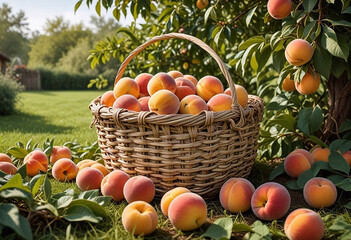 Wall Mural - A basket full of ripe peaches placed on grass, with a peach tree and scattered fruits in the background	