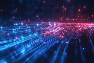 Poster - Illuminated digital waves of blue and red light create a mesmerizing pattern in a futuristic abstract landscape at night. Generative AI