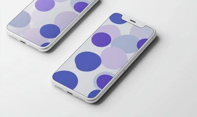 Wall Mural - Mockup of two iPhones with matching abstract wallpaper featuring colorful circles on a neutral background