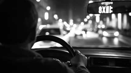 A person driving at night, captured in black and white, with city lights in the background.