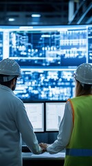 Poster - engineers monitor data analysis on multiple screens in a high-tech control room during evening hours