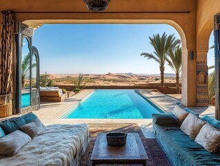 A pool with a view of the desert and a patio with a couch and a table