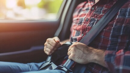 A man is buckling his seatbelt in a car, showing the importance of safety while traveling.