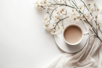 An inviting setup featuring a cup of coffee alongside sprigs of white flowers on a light, elegant surface, embodying warmth.