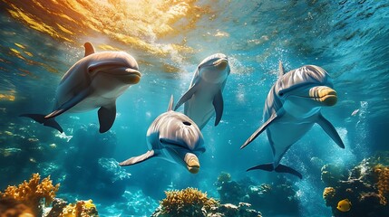 Synchronized dolphins swimming in breathtaking clear ocean environment