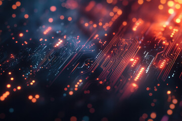 Poster - A vibrant close-up of a futuristic circuit board illuminated by glowing lights, showcasing technology's intricate beauty at night. Generative AI
