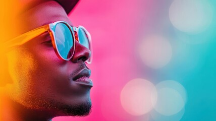 Wall Mural - A stylish man wearing colorful sunglasses, set against a vibrant gradient background featuring hues of orange, pink, and blue.