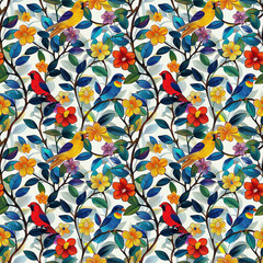 Poster - Tropical Leaves and Birds Pattern