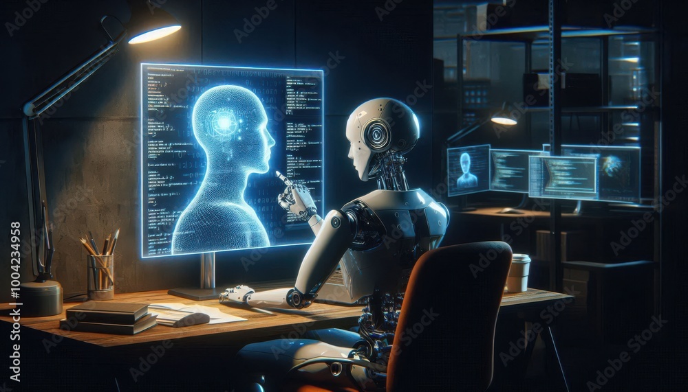 A robot works on a computer in a dimly lit office, interacting with a ...