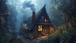 © phianguma - A cozy witch's cottage nestled in the woods, smoke curling from the chimney, surrounded by herbs and mystical symbols, inviting curiosity