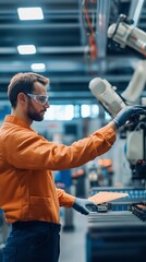 Poster - a technician operates a robotic arm in a modern manufacturing facility during the daytime