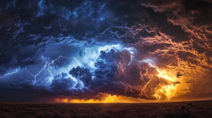 Wall Mural - a dramatic scene of dark storm clouds illuminated by bright lightning strikes, creating a striking c