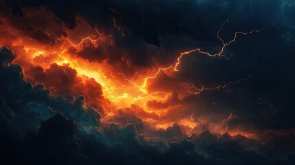 Wall Mural - a dramatic scene of dark storm clouds illuminated by bright lightning strikes, creating a striking c