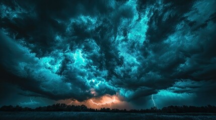 Wall Mural - a landscape silhouette beneath a dark sky filled with swirling clouds and lightning, capturing the r
