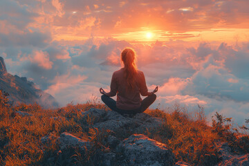 Wall Mural - A woman practicing mindfulness meditation on a mountain top, overlooking a stunning sunset view.