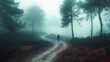 © phianguma - A person standing at a fork in a misty forest, looking confused and unsure, surrounded by tall trees and thick fog, evoking a sense of being lost