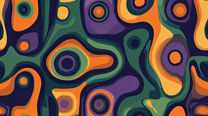 A seamless pattern of abstract shapes in green, orange, and purple, creating an eye-catching design suitable for textiles or digital backgrounds.