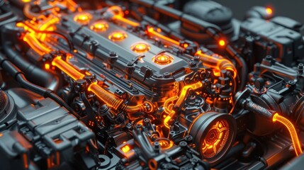 Poster - Glowing Engine Details with Vibrant Orange Light