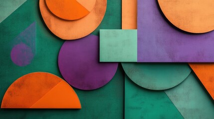 Poster - Colorful geometric shapes in green, orange, and purple layered on a textured background, providing a modern and playful design element for creative projects.
