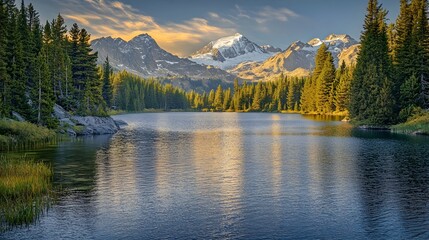 Poster - Tranquil alpine lake surrounded by dense coniferous forest towering snow capped mountains in the distance soft golden hour lighting serene and reflective surface