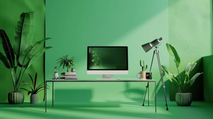 Poster - Modern Green Workspace with Plants and Minimalist Design