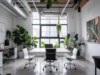 Canvas Print - Modern Office Space with Green Plants and Natural Light