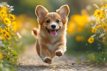 Sticker - A puppy with floppy ears running through a field of daisies, its tongue hanging out in pure happiness.