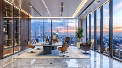 Poster - Modern Office Interior with City Skyline View