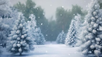 Poster - Snow gently falls on pine trees in a peaceful winter wonderland, evoking tranquility and beauty. The serene snowy forest exudes calm and serenity, perfect for the holiday season