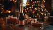 © Yuliko - Christmas holiday or new year table with glasses and a bottle of wine of champagne in the living room, and on the side there is a pile of gift boxes, Christmas candies and a Christmas tree behind it,