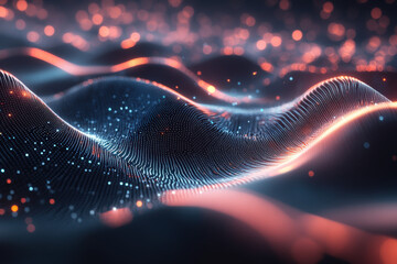 Poster - Captivating waves of glowing particles dance gracefully in an abstract digital landscape at twilight. Generative AI