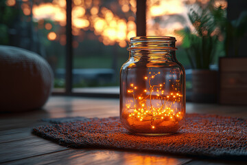 Wall Mural - A glass jar filled with fairy lights, softly glowing and illuminating a cozy corner of the room.