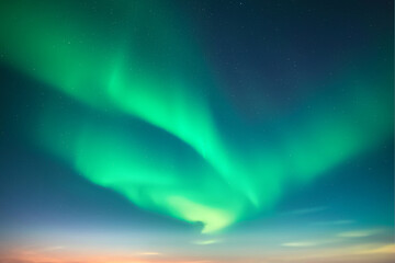 Wall Mural - aurora borealis in night winter sky. sky with polar lights and stars. waves of green northern lights