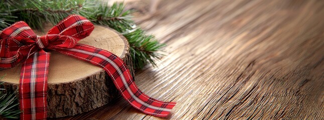 In a wooden banner background with ornaments, branches, and buffalo plaid check ribbon, a double border of Christmas ornaments is shown.