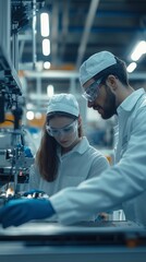 Poster - two engineers collaborate on a technical project in a modern laboratory during a daytime research se