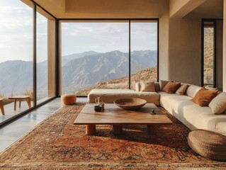 A living room with a large window overlooking a mountain