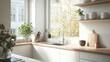 © Sirilak - Bright modern kitchen with natural light and plants.