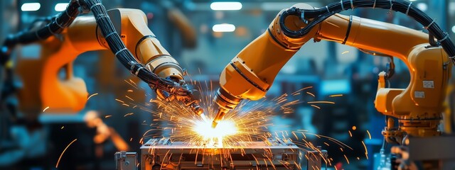 Poster - robotic arms welding metal parts in a manufacturing facility, showcasing advanced automation process