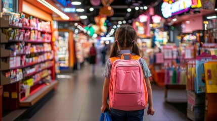 A young girl with a pink backpack explores a vibrant toy store, showcasing various colorful toys and merchandise on the shelves.