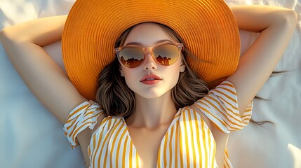 Young woman in a striped dress and sunglasses relaxes on a white blanket wearing a big orange sun hat.