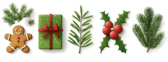 Wall Mural - The set of Christmas ornaments and decorations is rendered as a 3D render on a white background. The clip art contains an assortment of traditional Christmas decorations.