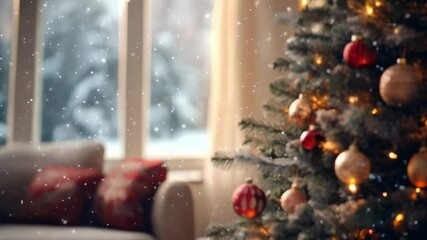 Poster - Christmas tree with lights and ornaments is standing in a living room with snow falling outside the window. The image evokes a warm and cozy atmosphere