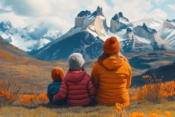 Family admiring majestic mountain peaks. Outdoor adventure bonding