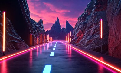 Wall Mural - Neon Road Through Mountains