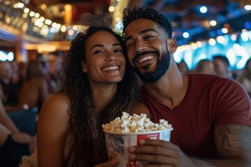 A cheerful couple sitting in a theater, holding popcorn and surrounded by others, with broad smiles illustrating joy, companionship, and shared pleasure.