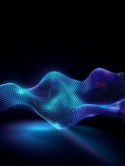 Poster - a vibrant wave of digital dots, illuminated in blue and purple hues, flowing against a dark backdrop