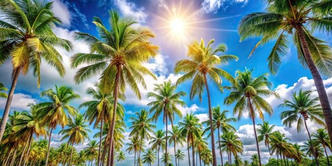 panoramic tropical landscape with palm trees under blue skies and sunshine